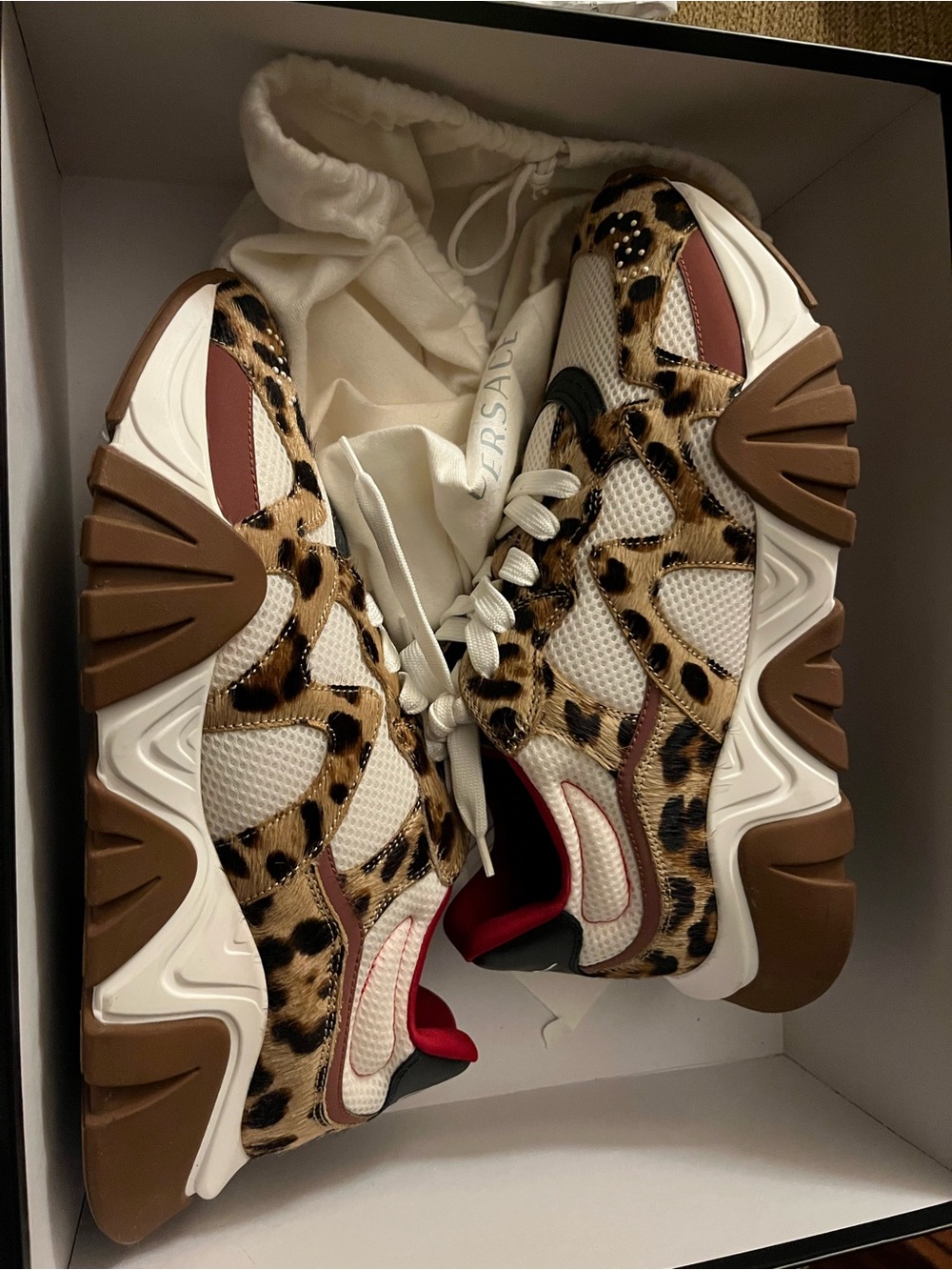 Versace Squalo Leopard-Print Sneaker with Red Trim